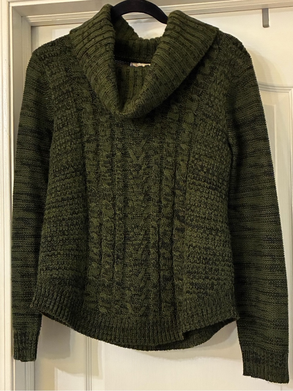 It's Our Time Deep Olive/Forest Green Mixed w/Black Cable Knit Cowl Neck Sweater
